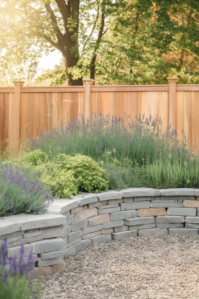 Garden wall ideas featuring a low dry-stacked fieldstone wall with lavender spilling over the top