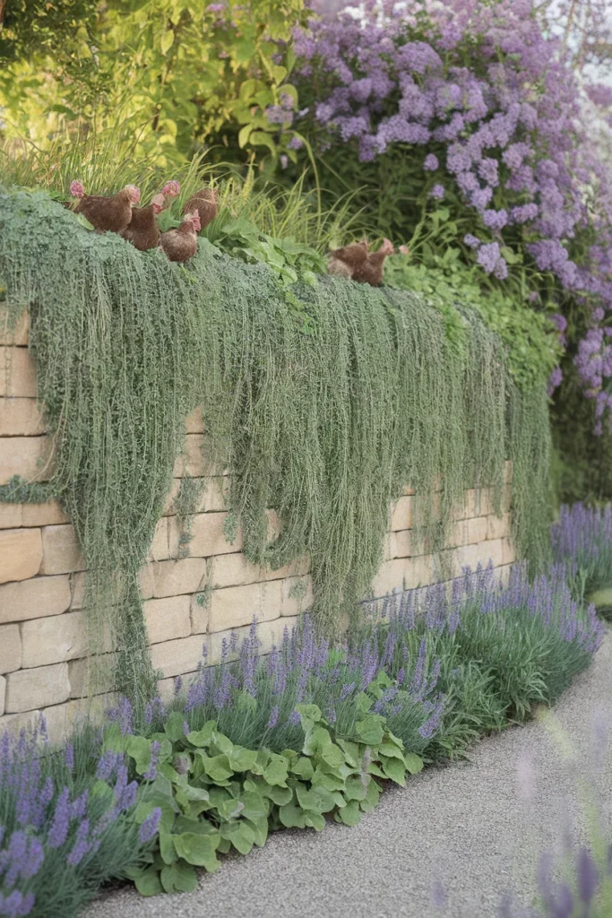 Garden wall ideas for planting, with thyme spilling over the top and hens and chicks in the crevices