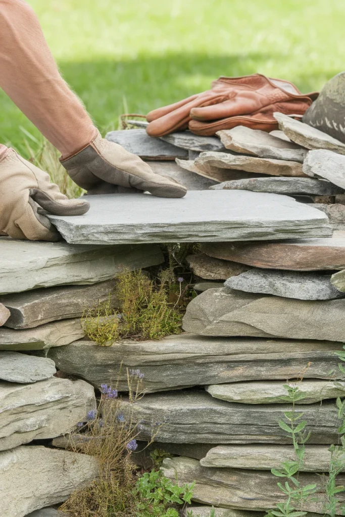 Garden wall ideas in dry stack stone, placing a fieldstone across the joint of two stones below