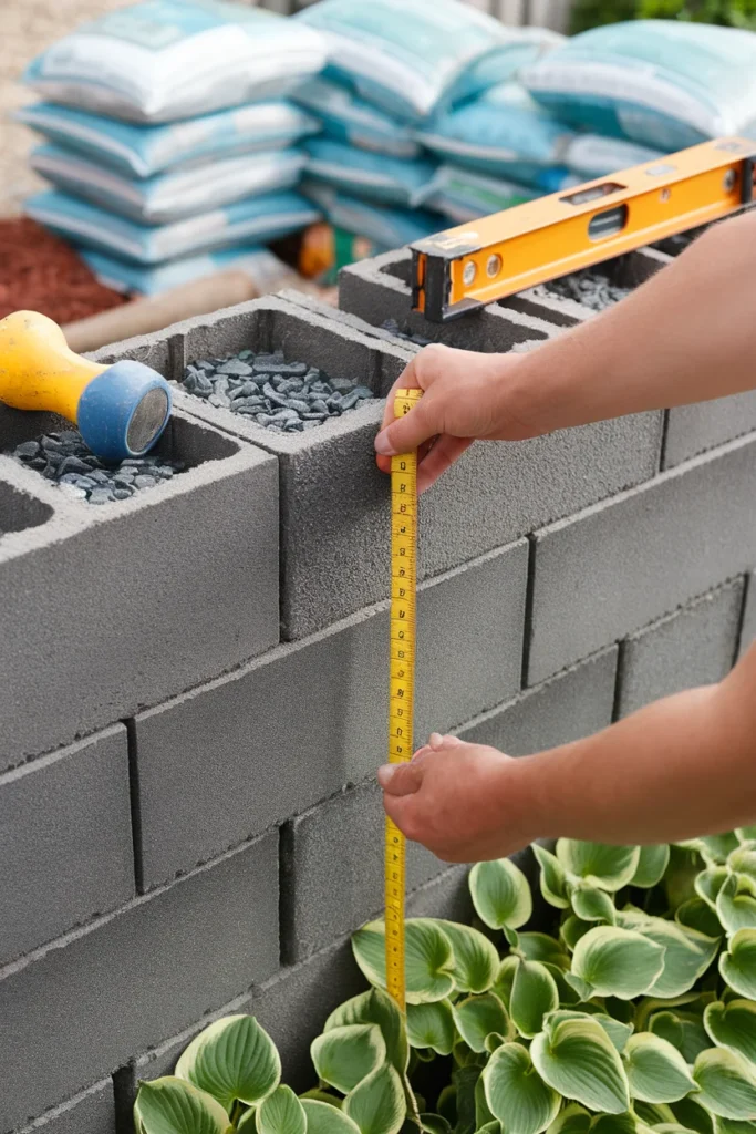 Garden wall ideas planning step, measuring the exposed face height of a block wall with a tape measure