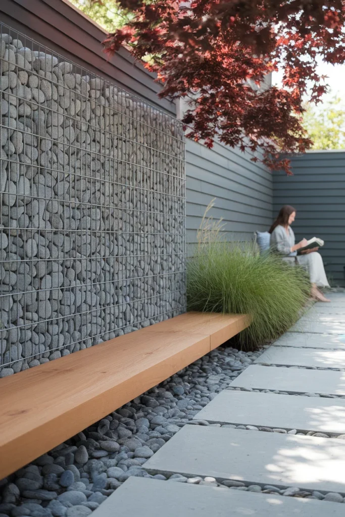 Garden wall ideas using a gabion cage wall filled with river cobble and capped with a cedar bench seat