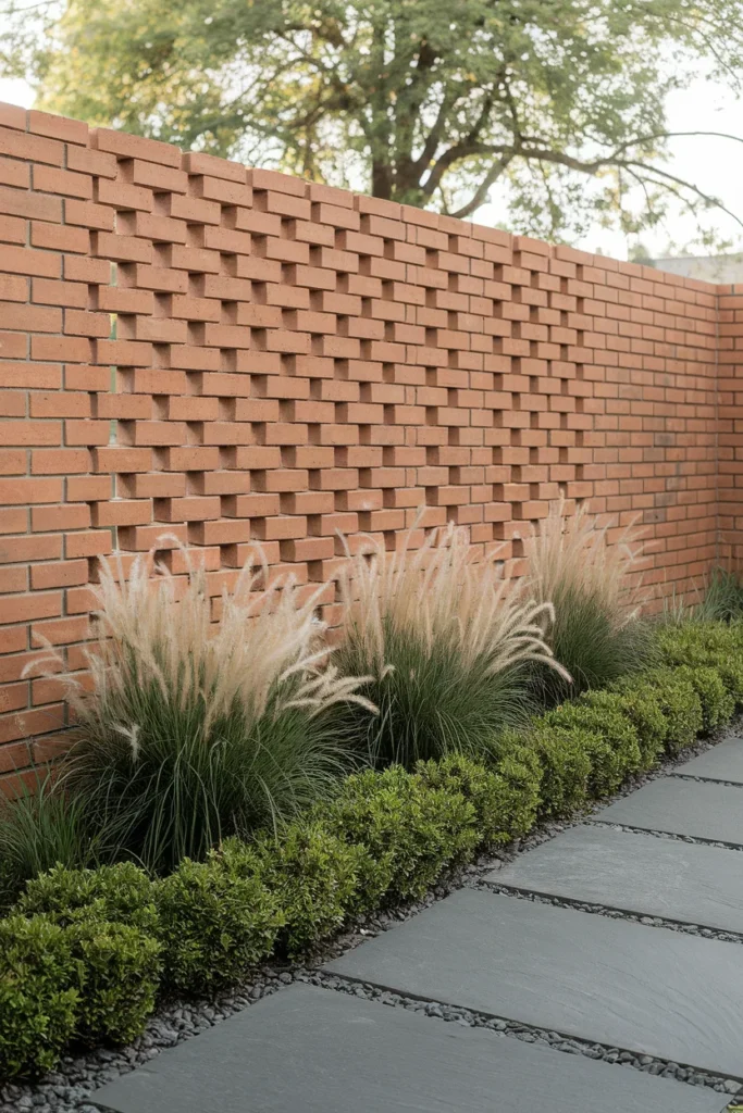 Garden wall ideas using a pierced brick pattern that screens sightlines while letting light through