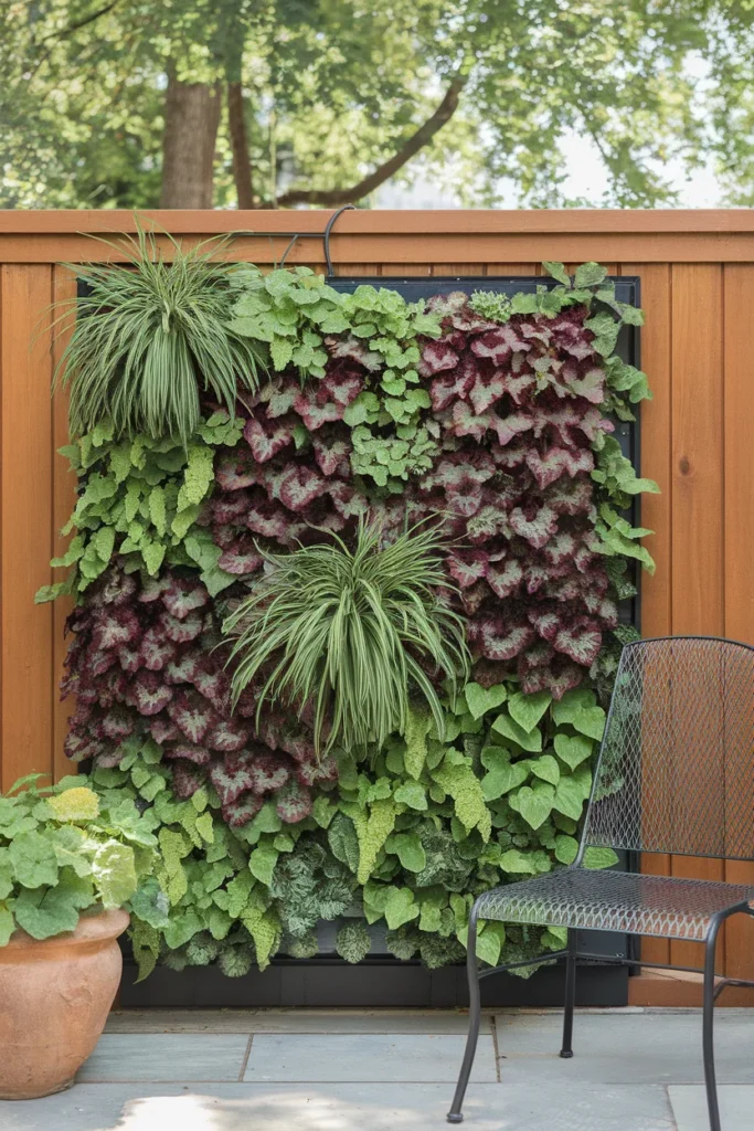 Garden wall ideas with a modular living wall of ferns and sedum mounted off a cedar fence