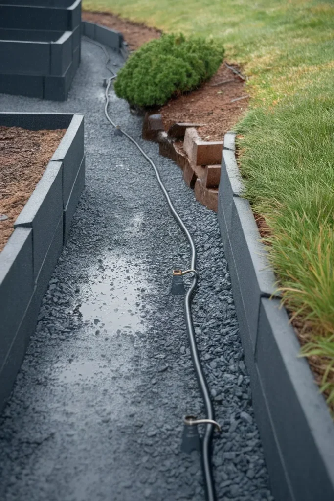 Gravel path and drip line managing runoff around raised garden beds on a slope