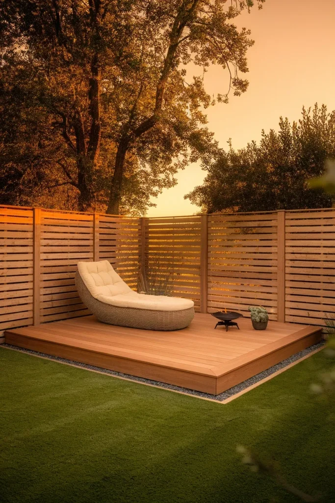 Ground level small backyard deck flush with lawn and no railing