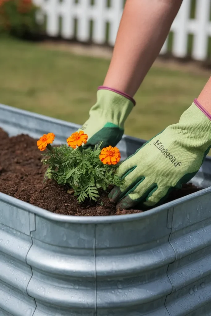 Hands planting marigolds in a galvanized raised flower bed planter box