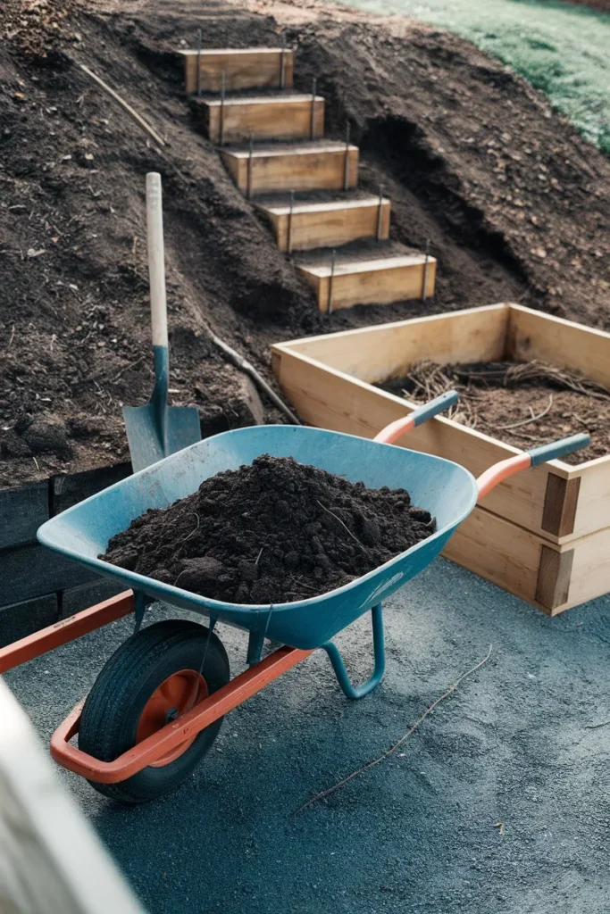 Hauling soil and timber steps for access to raised garden beds on a slope