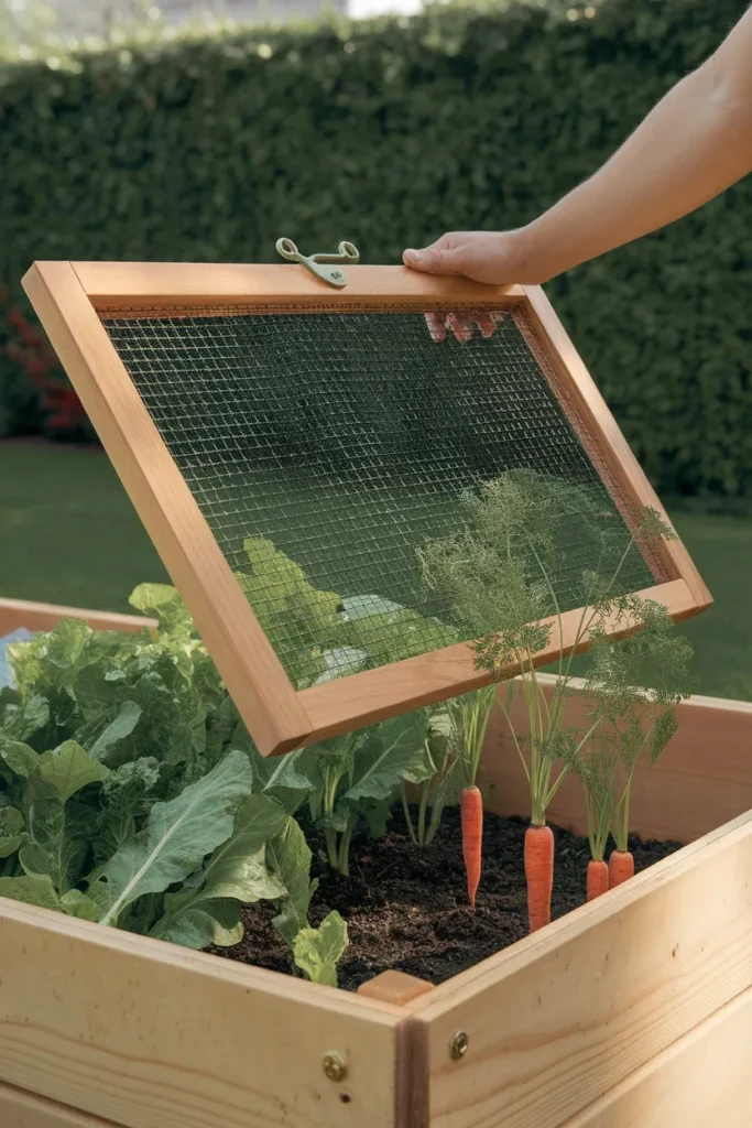 Hinged hardware cloth raised garden bed cover propped open over chard and carrots