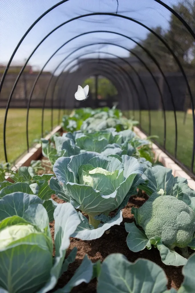 Insect mesh raised garden bed cover protecting cabbage and broccoli from moths