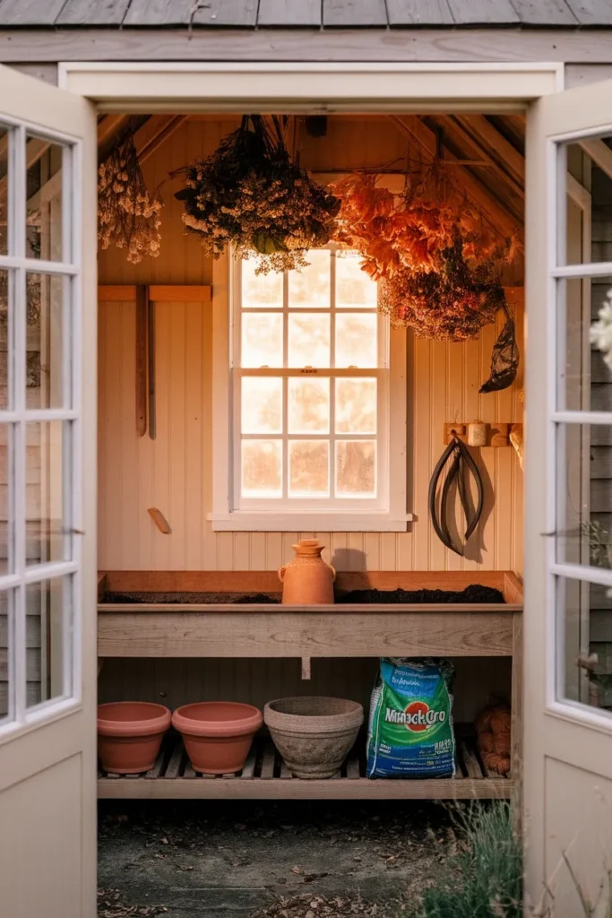 Inside a cottage garden shed with a cedar potting bench and hung garden tools