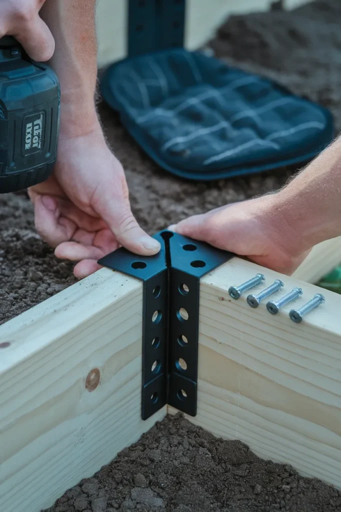Installing steel raised garden bed corners brackets on a cedar 2x8 frame