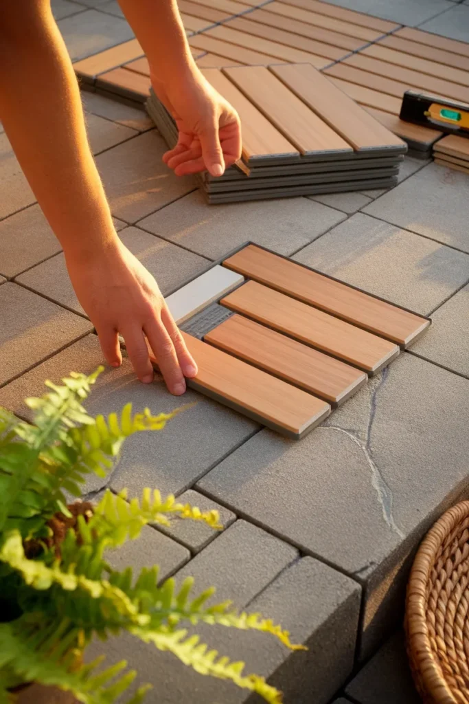 Interlocking deck tiles installed over concrete for a small backyard deck
