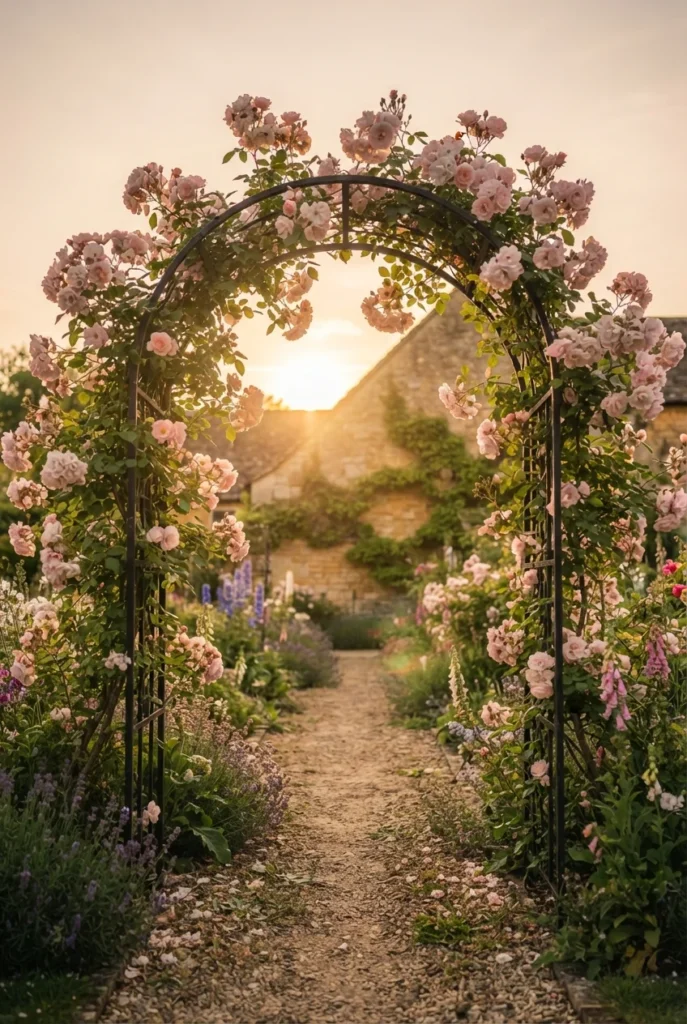 Iron arch covered in climbing roses over a gravel path in a French cottage garden