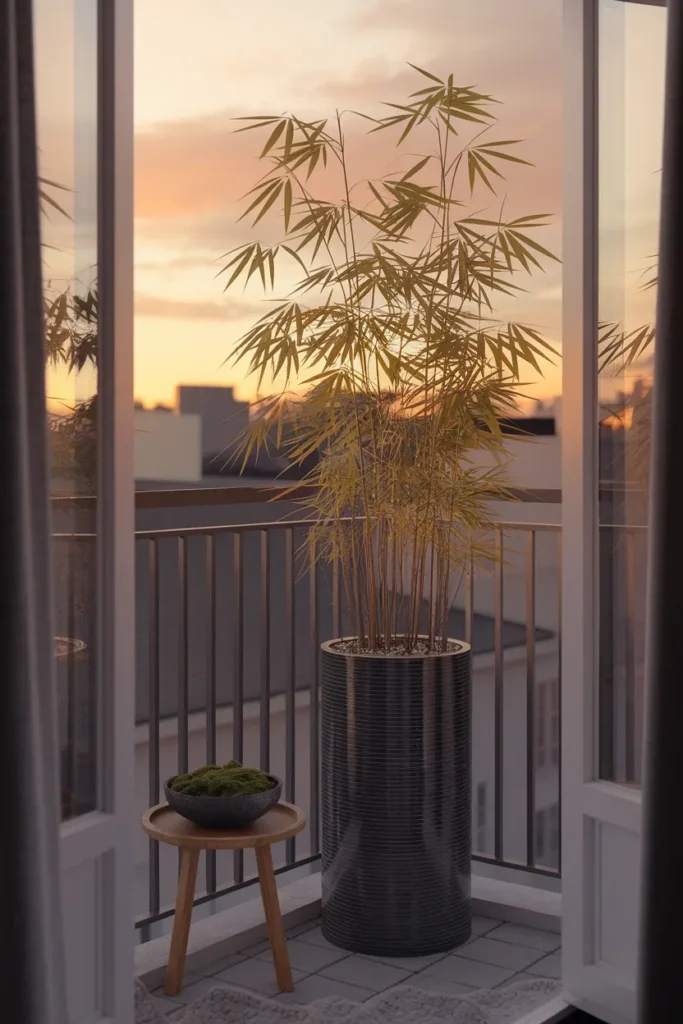 Japanese balcony garden with clumping bamboo, moss bowl, and gravel tray at sunset