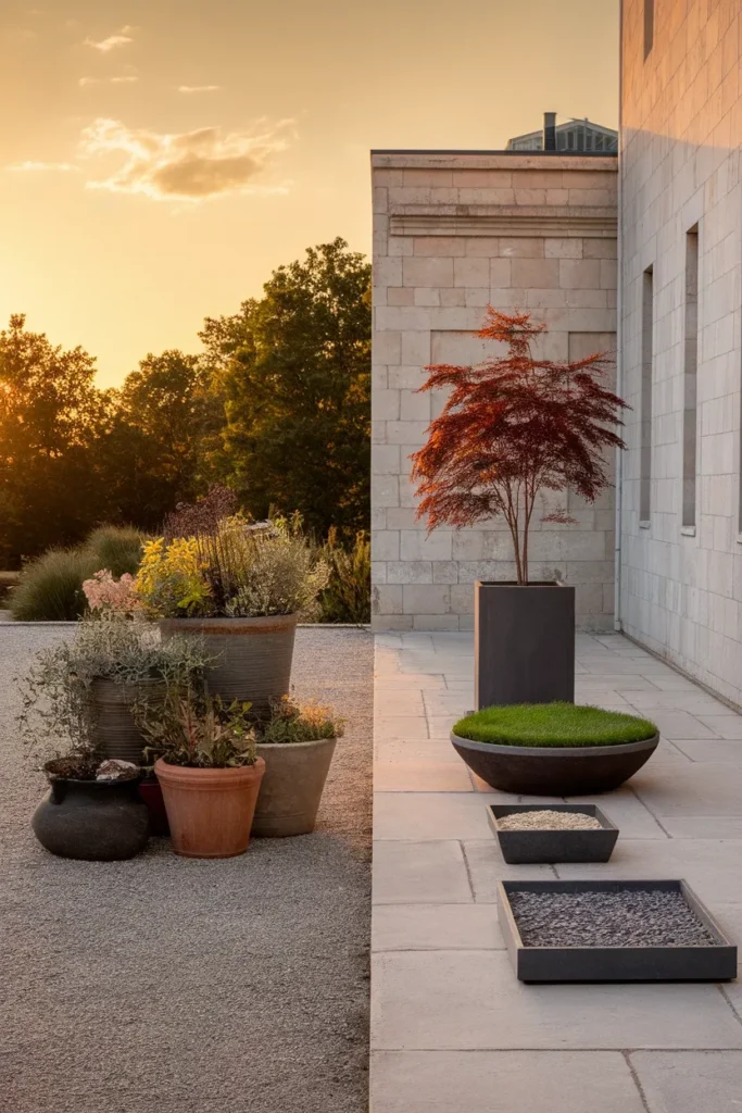 Japanese container garden 3-pot rule compared with a cluttered patio pot grouping