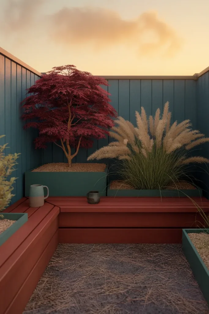 Japanese container garden calm corner with bench, maple, grass, and gravel at dusk