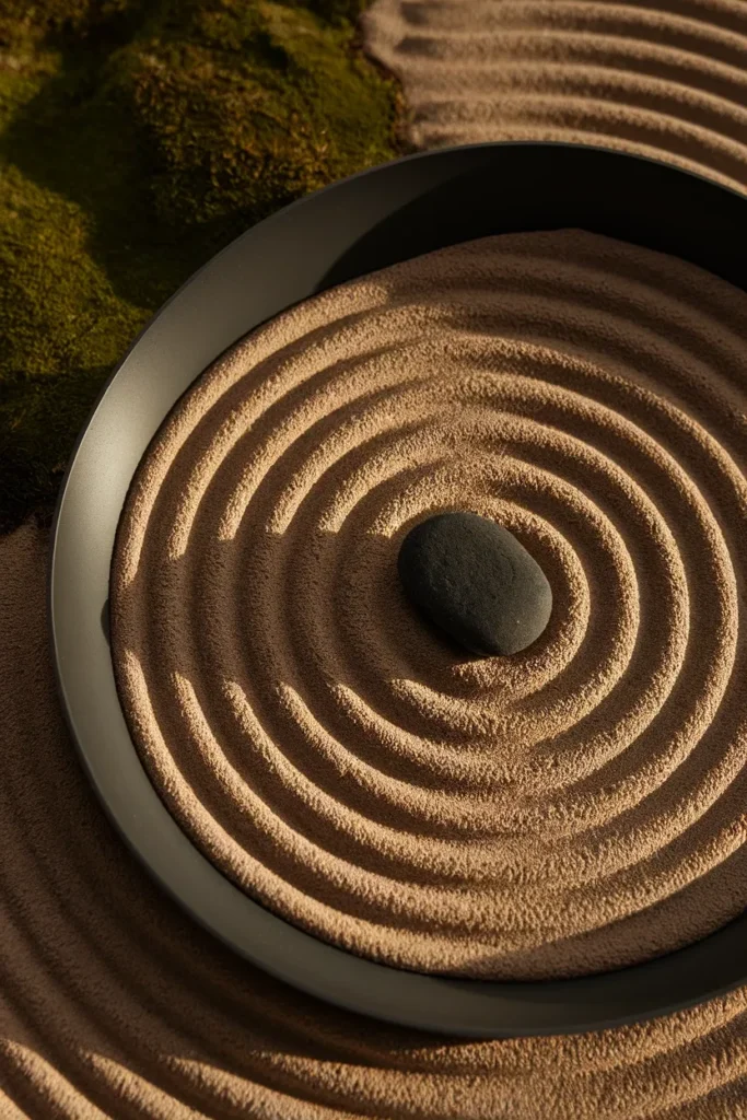 Japanese container garden gravel tray raked around a single off-center river stone