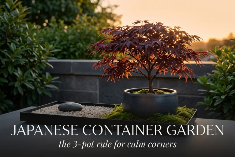 Japanese container garden pin with dwarf maple, raked gravel tray, and moss at golden hour