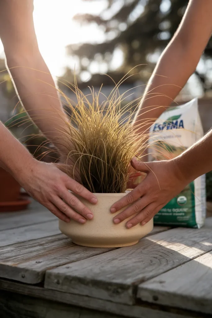 Japanese container garden planting with Japanese forest grass in a low stoneware bowl