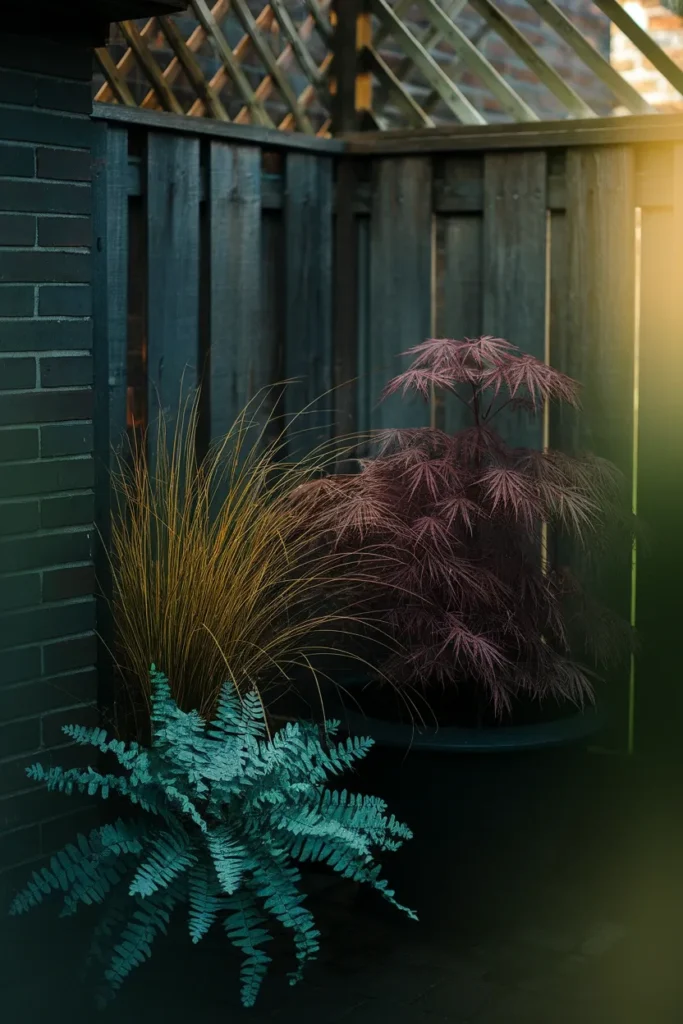 Japanese container garden plants including dwarf maple, forest grass, and painted fern