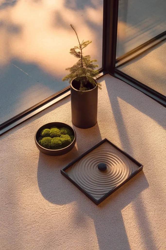 Japanese container garden pots arranged asymmetrically on gravel with negative space