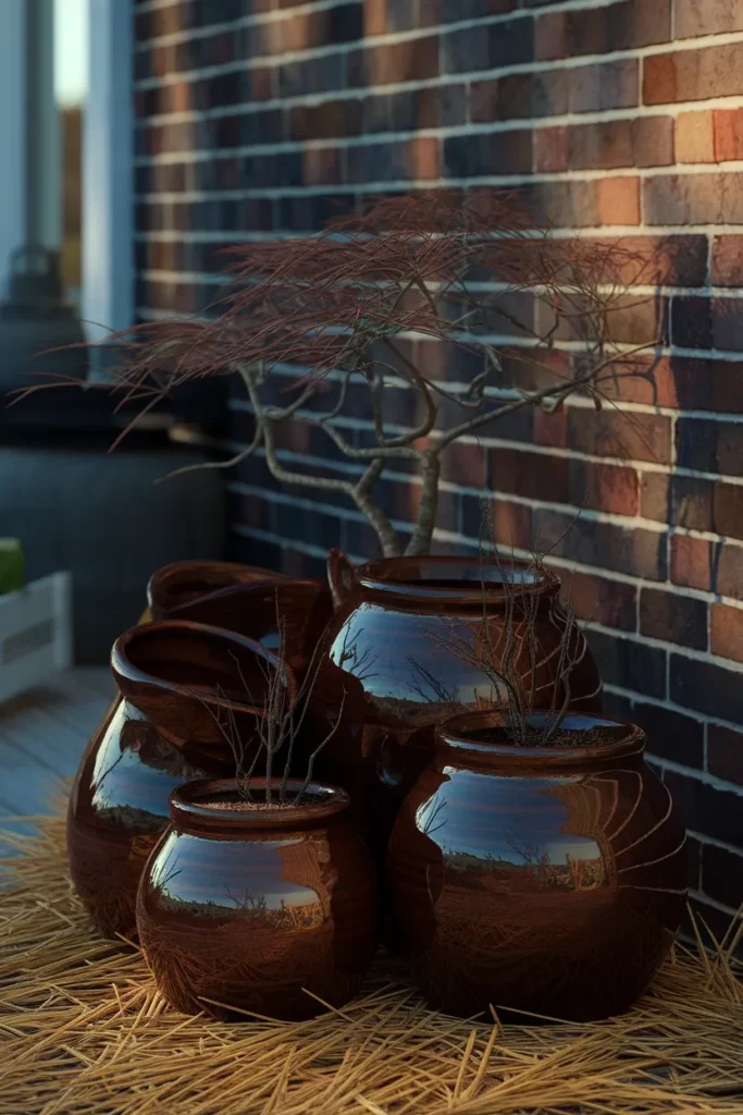 Japanese container garden pots grouped and mulched against a wall for winter protection