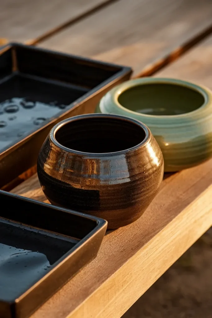 Japanese container garden pots in charcoal, celadon, and matte black glazed finishes