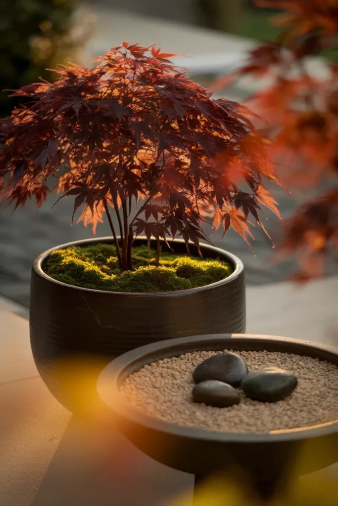Japanese container garden with dwarf maple, gravel bowl, and moss at golden hour