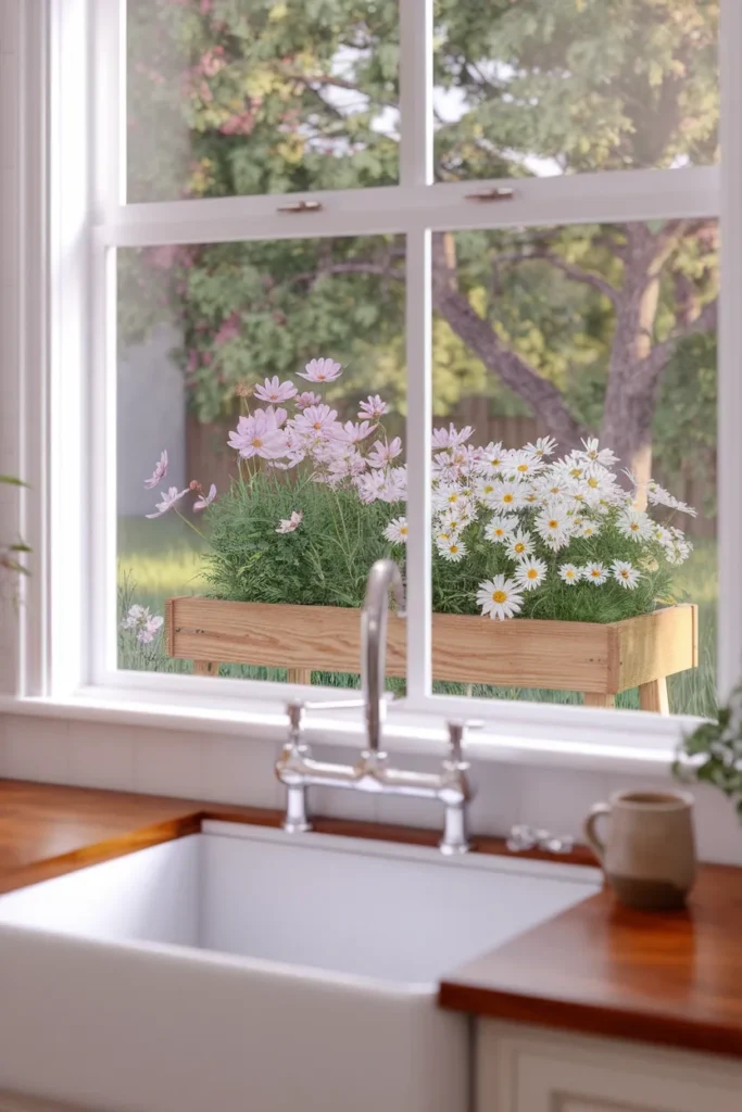 Kitchen window view of a raised flower bed planter box in full bloom