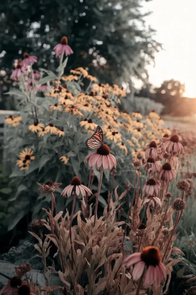 Late summer cottage garden flowers, coneflower, black-eyed susan and sedum in August