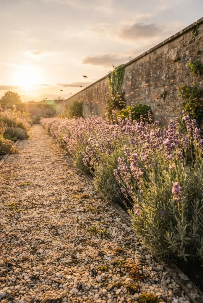 Lavender planted in a repeating row along a gravel path in a French cottage garden