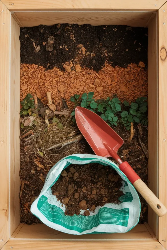 Layered fill inside a raised flower bed planter box with branches, compost, and soil