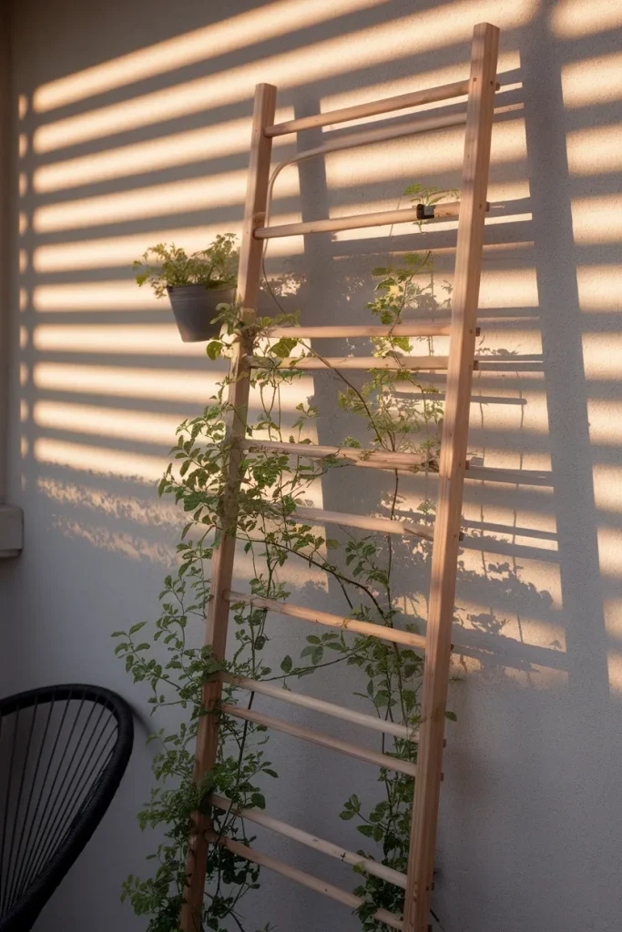 Leaning cedar ladder trellis as renter friendly balcony wall decor with no drilling