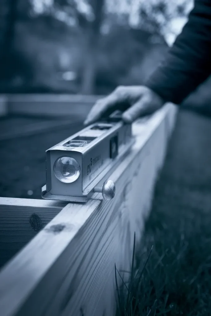 Level on the rail of a raised garden bed on a slope showing a centered bubble