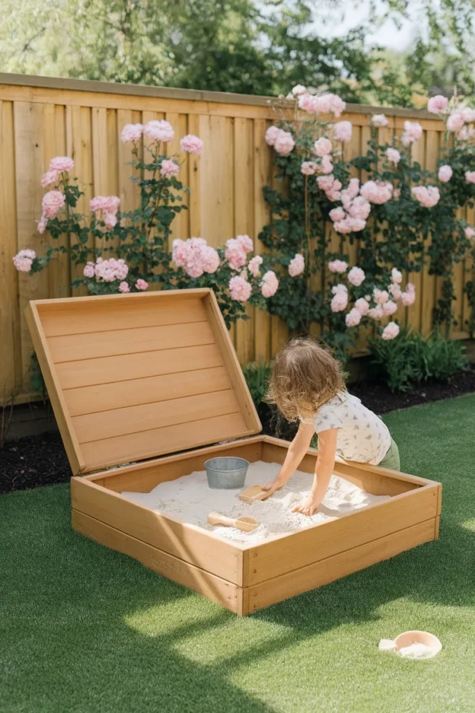 Lidded cedar sandbox as a small backyard idea for kids in a compact yard