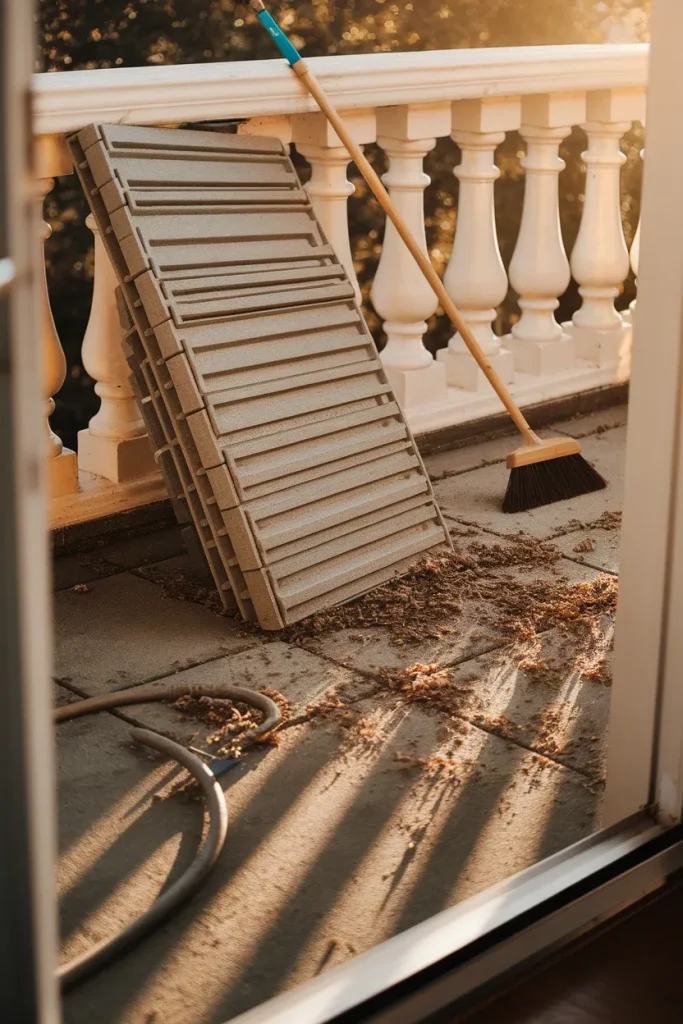 Lifting balcony flooring tiles to sweep debris off the concrete underneath