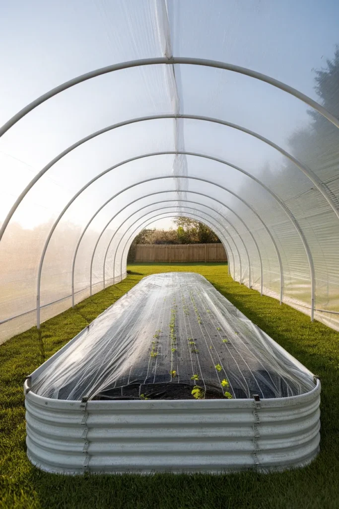 Low hoop tunnel raised garden bed cover with clear plastic over a galvanized bed