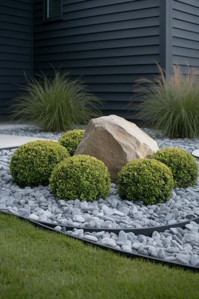 Low maintenance garden ideas front of house with evergreens, boulder and gravel