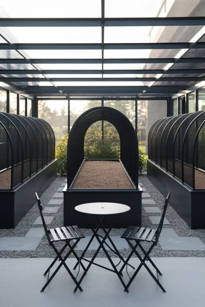 Matching black mesh raised garden bed cover tunnels beside a patio for a tidy look