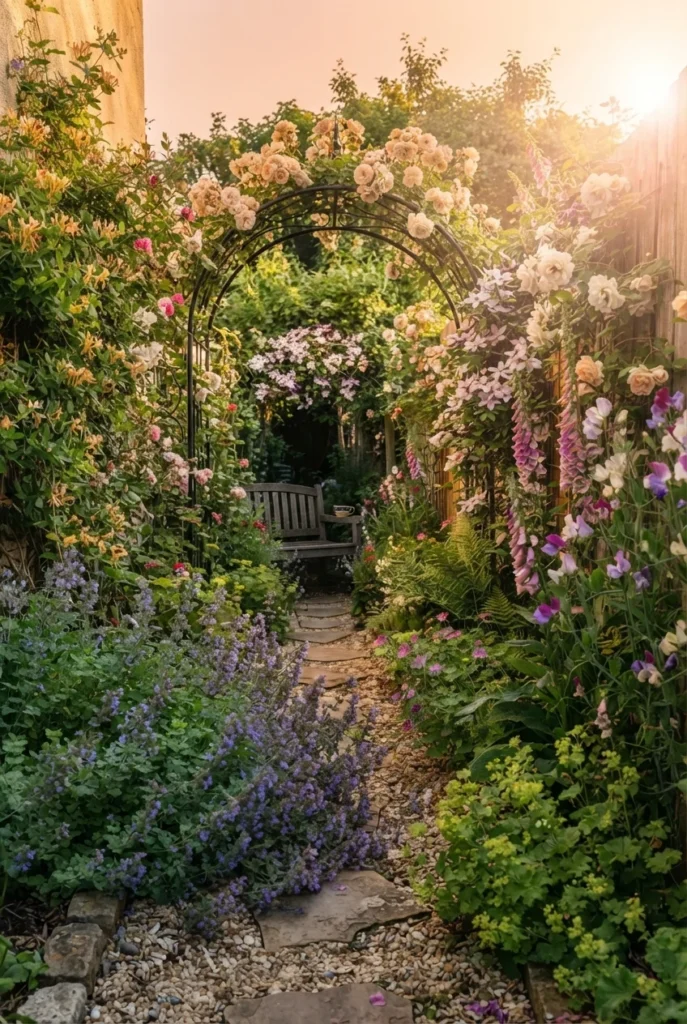 Mature English cottage garden in its second summer with roses over a metal arch