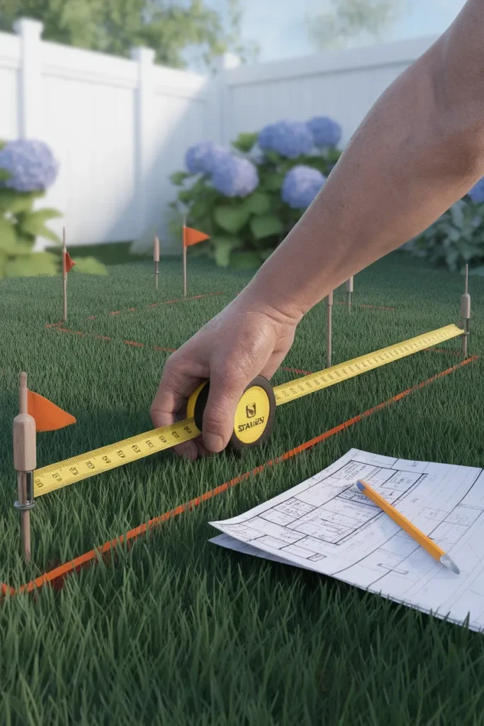 Measuring a small backyard play area for kids with tape measure and marking flags