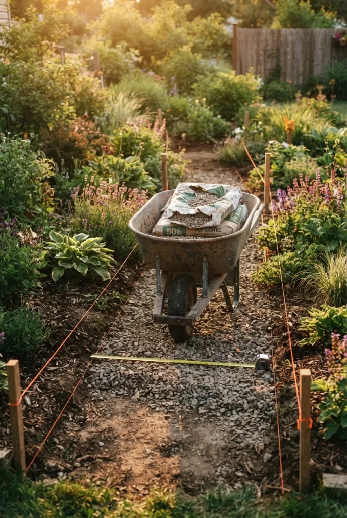 Measuring cottage garden path width with a wheelbarrow and mason line on a gravel base
