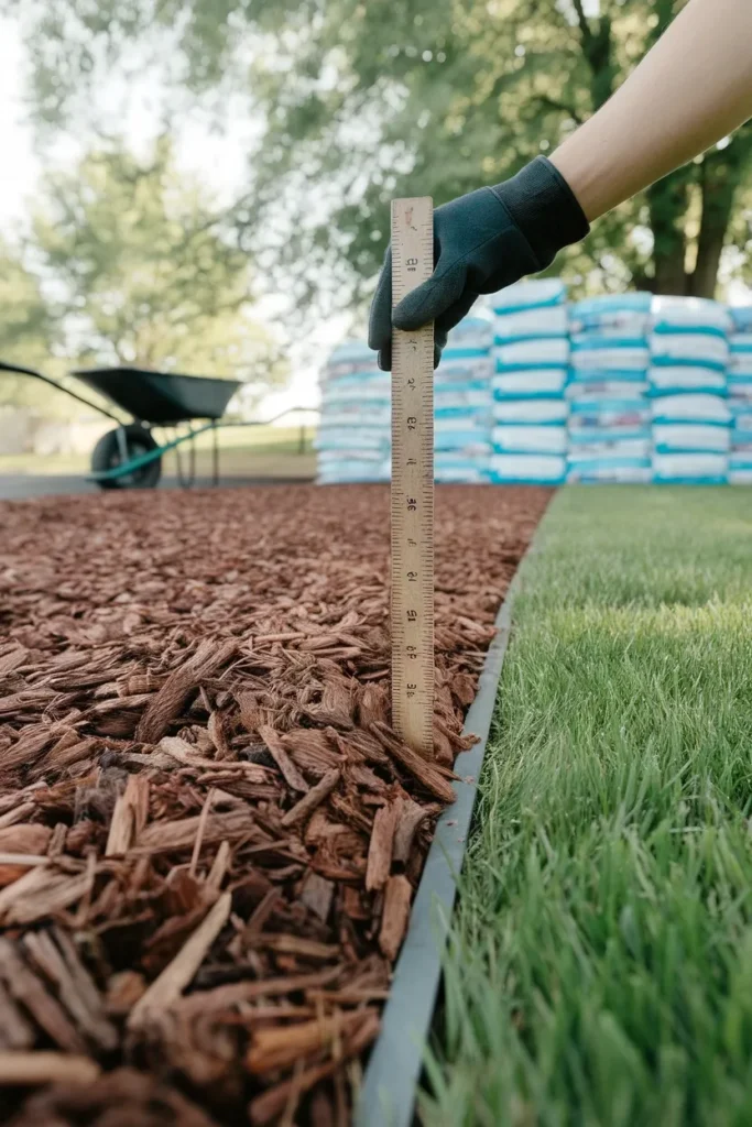 Measuring mulch depth for a small backyard play area for kids with steel edging
