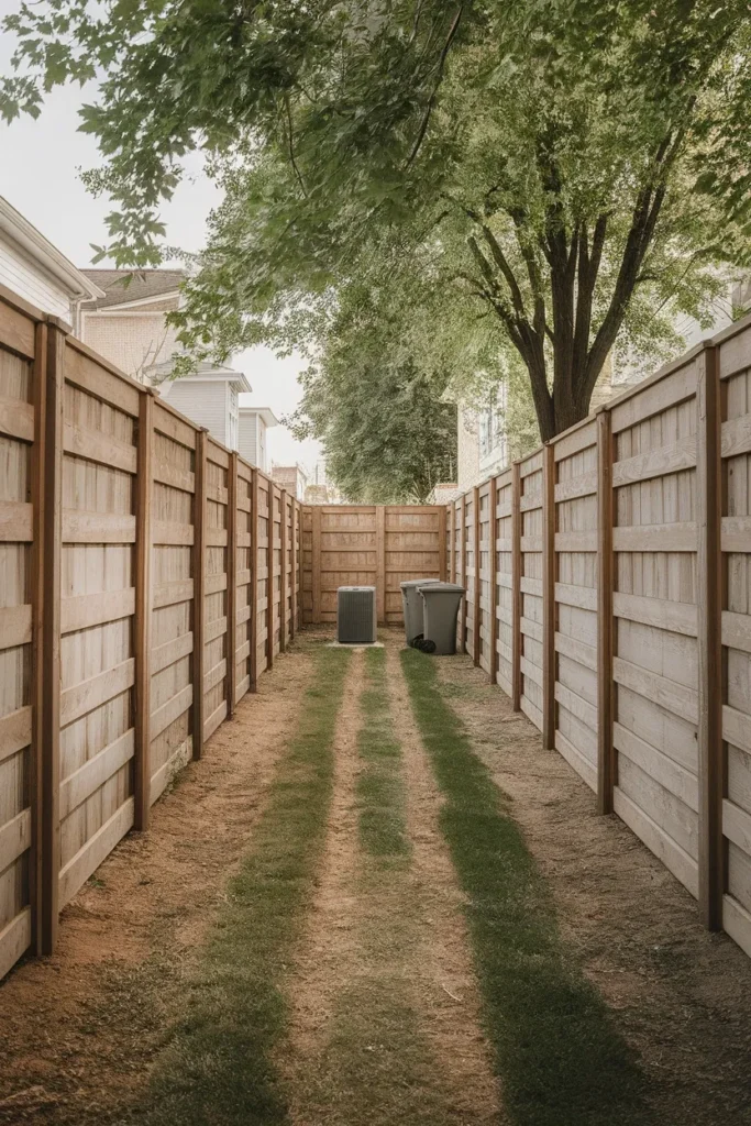 Narrow backyard makeover before shot showing the corridor effect between two fences