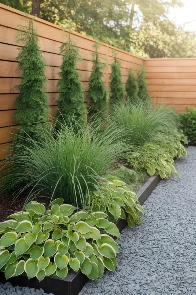 Narrow backyard makeover fence line bed with staggered arborvitae and ornamental grasses