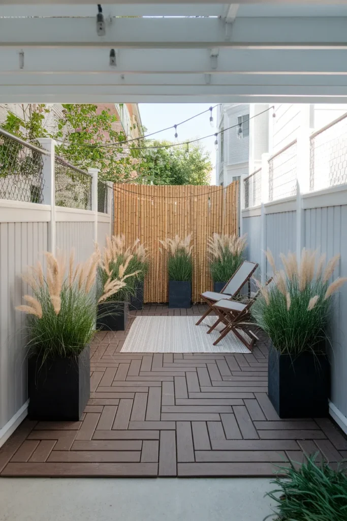 Narrow backyard makeover for renters using deck tiles, planters and a no dig path