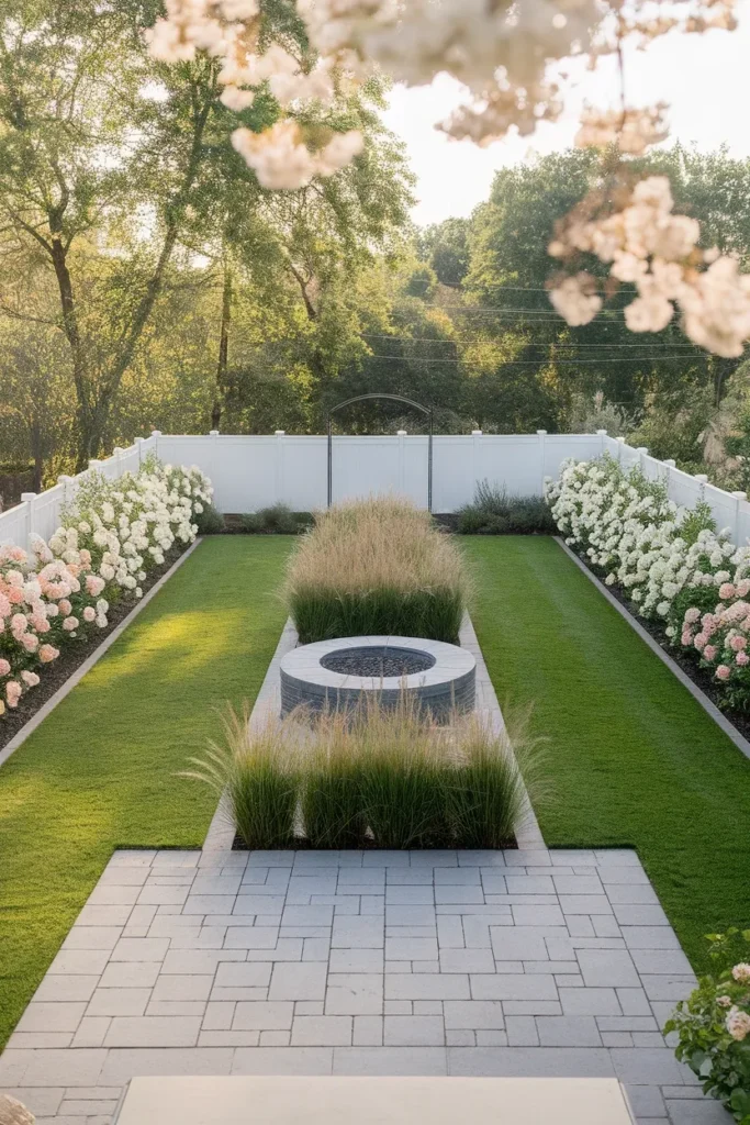 Narrow backyard makeover layout showing three zones marked across a long skinny lot