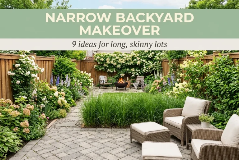 Narrow backyard makeover pin showing a long lot split into patio, grasses and fire pit