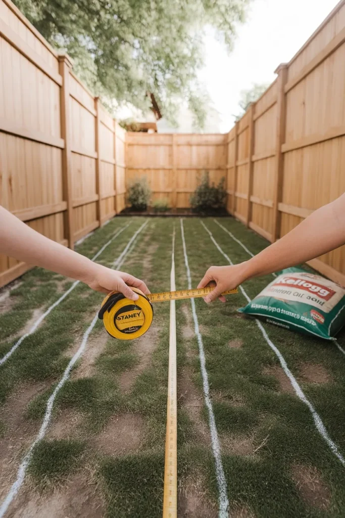 Narrow backyard makeover planning with chalk zone lines marked on a long grass strip
