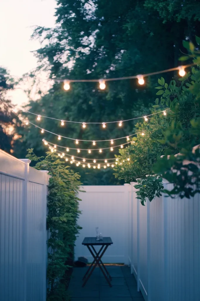 Narrow backyard makeover string lights zigzagged between fences over a long patio